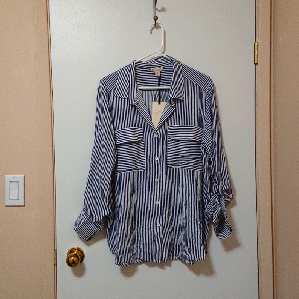 Elaine Rose Ladies White Navy Striped Roll Tab Blouse